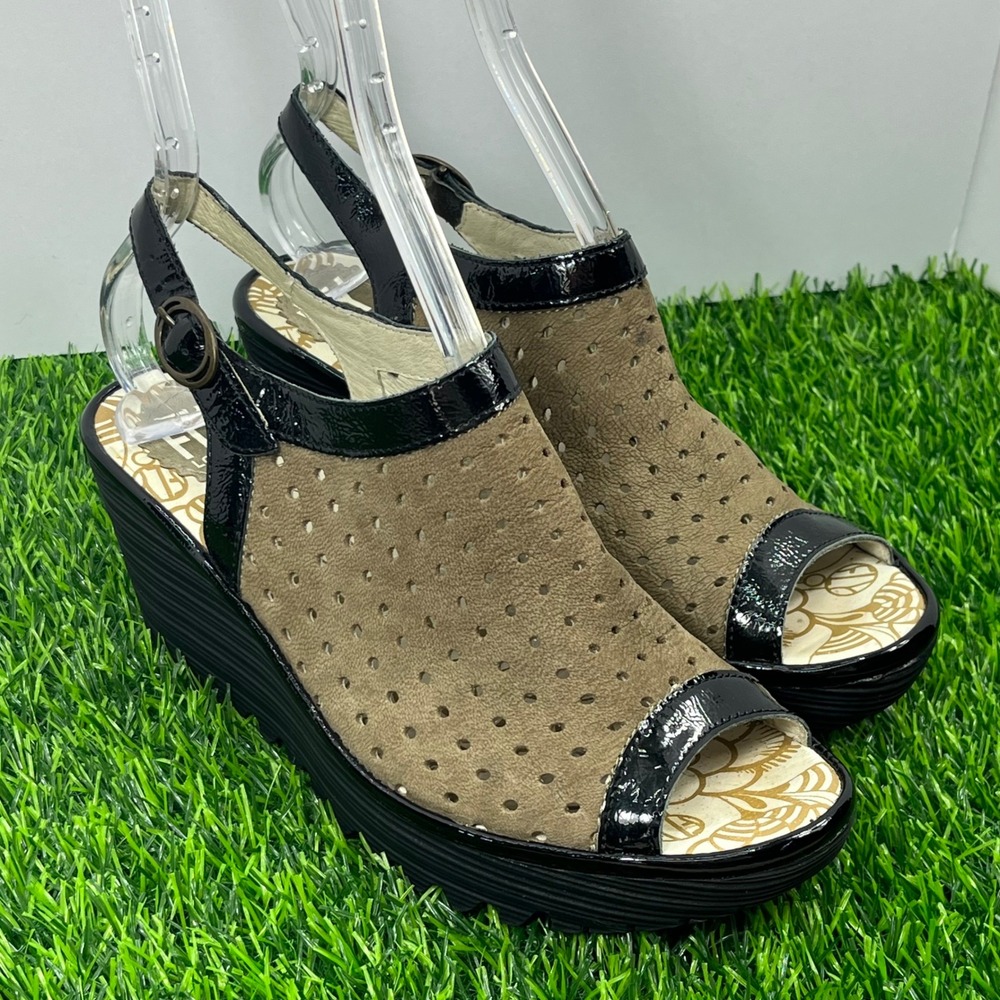 FLY LONDON Wedge Sandals Perforated Suede Black Patent Leather Sz EU37 US 6-6.5